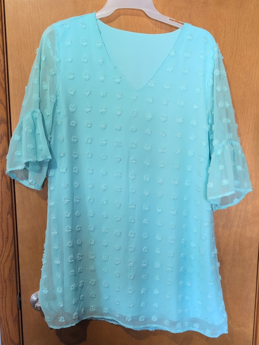 Turquoise Blue V-Neck Flutter Sleeve Women's Dress, XL